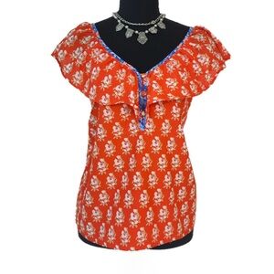 J. CREW ~ Red Floral Ruffled Top w/White Flower Print Blue Trim Details Lined